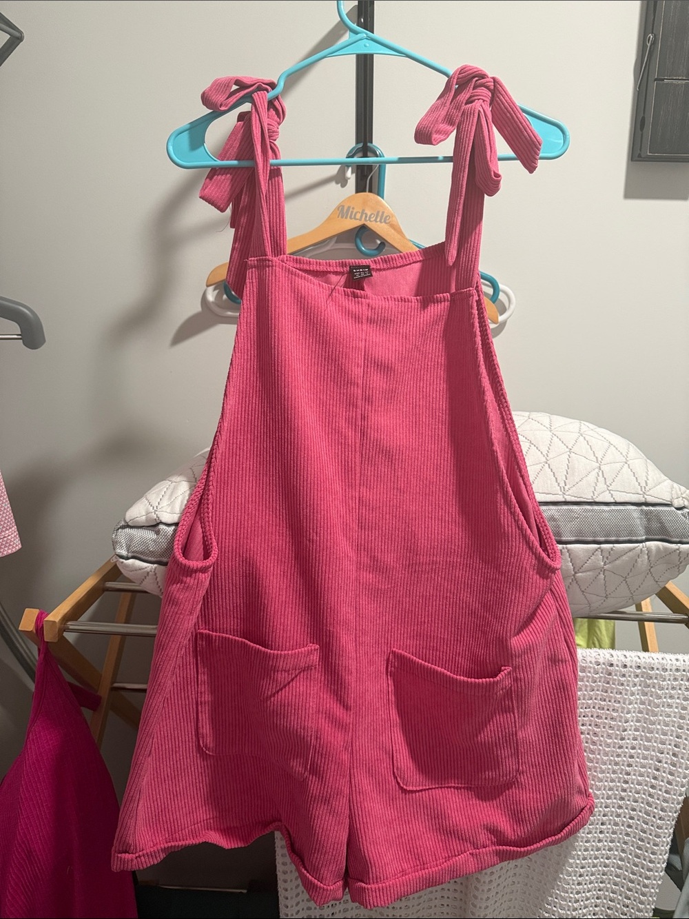 SHEIN Hot Pink Tie-Shoulder Corduroy Romper with Front Pockets